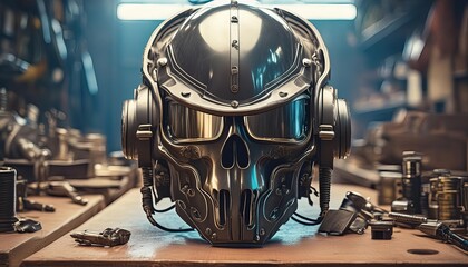 Futuristic theme, industrial background, a military helmet with a skull design, integrated headset, intricate and detailed craftsmanship, metallic and high-tech appearance, dark and edgy atmosphere. 