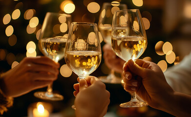 Group of friends toasting with wine glasses during a festive celebration. - Powered by Adobe