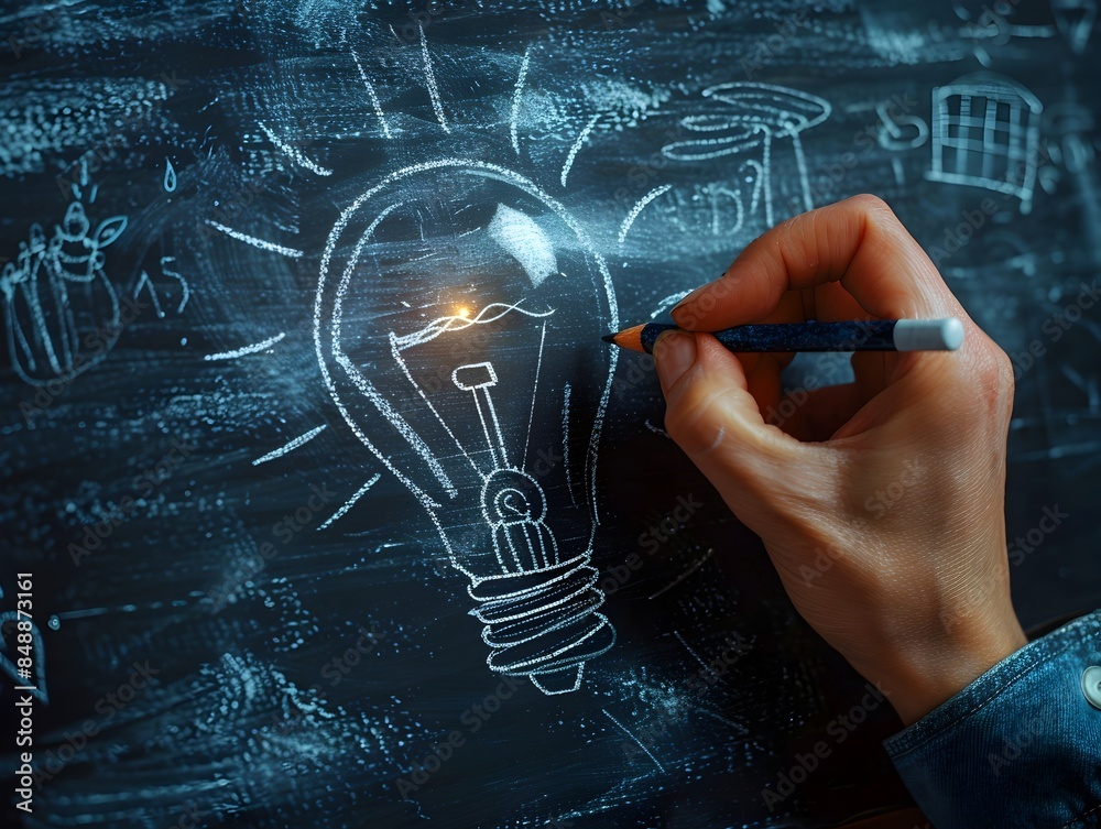 Wall mural visualizing ideas lightbulb drawing on chalkboard symbolizing creativity and innovation