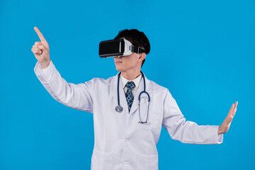 Doctor with stethoscope using VR headset pointing selection 3D hologram healthcare application against blue background with medical technology innovation poster banner materials design. Contrivance.
