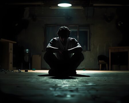 Solitary Figure Enveloped in Darkness Embodying Loneliness and Emotional Turmoil