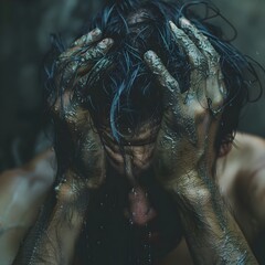 Tormented Soul   Dramatic Closeup of Hands Gripping Head  Expressing Intense Emotional Distress and Struggle