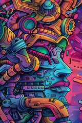 Fototapeta premium Vibrant Cyberpunk Inspired Graffiti Mural with Intricate Mechanical and Digital Artwork