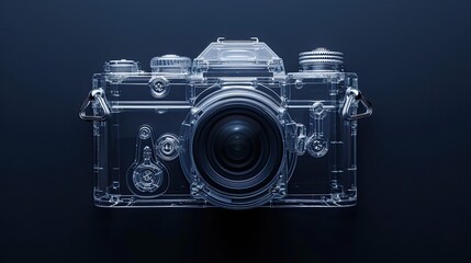 A minimalist composition of a camera made from transparent glass, centered on a dark navy blue background
