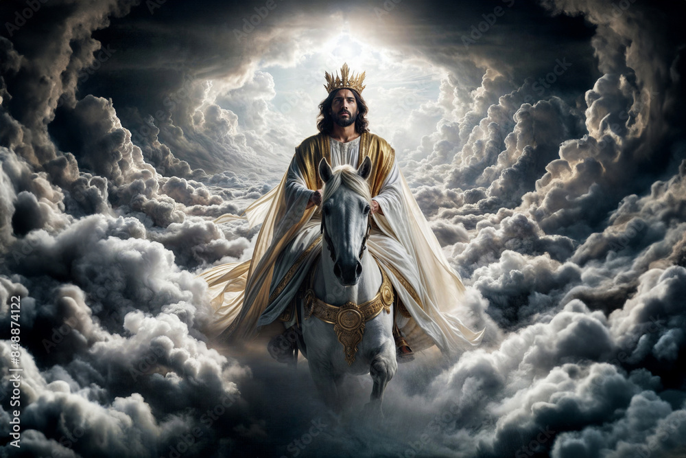 Wall mural jesus christ riding a white horse on the clouds of heaven