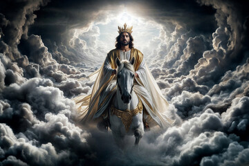 Jesus Christ riding a white horse on the clouds of Heaven	