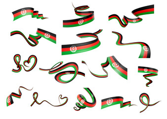 Set Of Different Style Of Afghanistan Wavy Abstract Ribbon Flags On White Background 3d Illustration