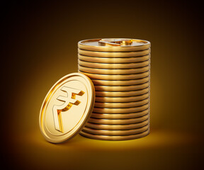 Stack Of Golden Shiny Indian Rupee Rounded Coins On Shiny Golden Glow Background 3d Illustration