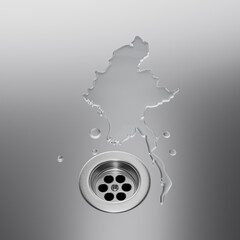 Burma Water Map With Drainage Metal Sink Save Water And Water Wastage Concept 3D Illustration