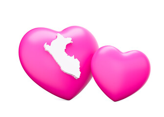 Shiny Pink Hearts With White Map Of Peru Isolated On White Background 3d Illustration