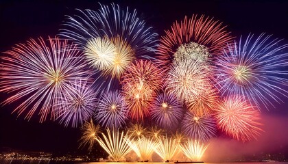 A colorful fireworks display lighting up the night sky, with bright bursts and high contrast. 2