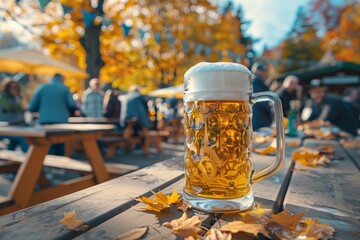 Oktoberfest Celebration with Beer Mug in Outdoor Autumn Beer Garden
