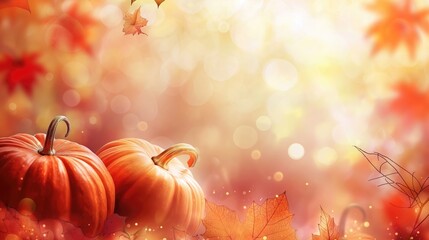 Fall background with pumpkins copy space bokeh background. Cozy autumn concept