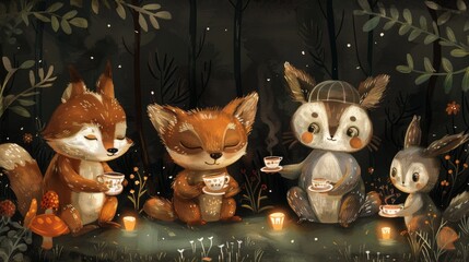 Whimsical illustration of woodland creatures having a tea party.