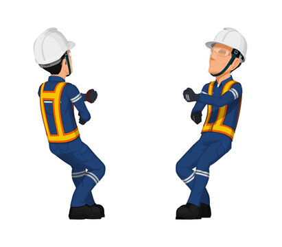 worker is pulling something over his head