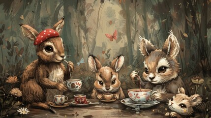 Whimsical illustration of woodland creatures having a tea party.