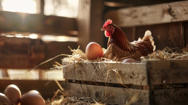 Red chicken with eggs in dry straw inside a wooden henhouse with sunshine on the background