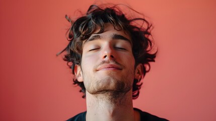 Relieved Man with Relaxed Facial Expression on Red Background