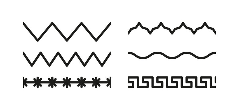 Simple zigzag elements vector illustration. Set of machine thread sew brushes. Seamless sewing stitches collection. Overlock embroidery seams. Line border isolated on white background.