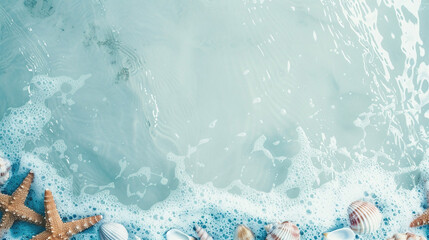 Naklejka premium Seafoam Beach Background with Starfish and Shells