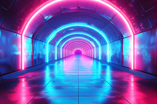 A neon tunnel with blue and pink lights. The tunnel is long and narrow. The lights are bright and colorful, creating a sense of excitement and energy