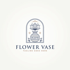 simple modern beauty rose flower in a vase line art label logo badge vector illustration design