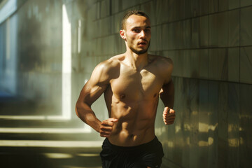 A determined, shirtless man intensely runs down a shaded alley, his muscular physique glistening with effort under the play of sunlight and shadows.