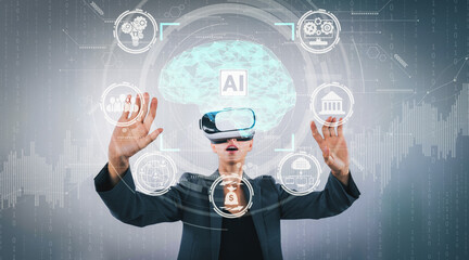 Businesswoman using AI generated while looking at holographic icon. Skilled project manager...