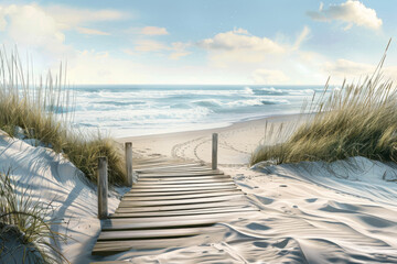 A picturesque wooden walkway leads through grassy dunes to a tranquil beach, where waves gently meet the shore under a clear blue sky.