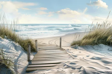 A picturesque wooden walkway leads through grassy dunes to a tranquil beach, where waves gently meet the shore under a clear blue sky.