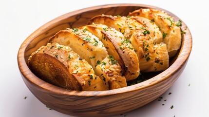 Garlic Bread presented in a wooden bowl on a white background