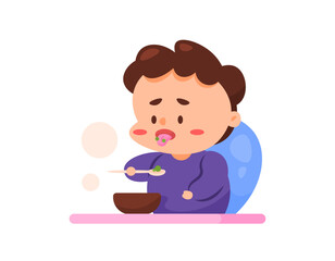 illustration of a boy not being able to eat vegetables. hate and dislike eating vegetables. boy eating vegetable soup. using a spoon. facial expressions. character illustration design. graphic element