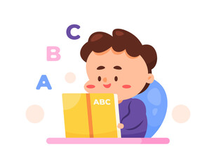 illustration of a boy reading a book about the alphabet. learn to recognize letters and learn to read. enjoy reading books. happy expression. character illustration design. graphic elements