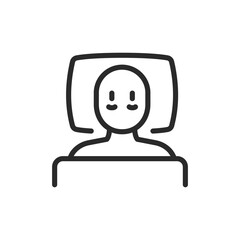 Insomnia, linear style icon. Person lying in bed with open eyes and dark circles under eyes. Unable to sleep. Editable stroke width