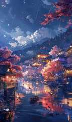 Obraz premium Thousands of trees are blooming in the easterly night, and the stars are raining down. thoroughbred horses carved cars are fragrant all over the road. generative ai