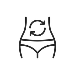 Digestion, linear style icon. Woman's abdomen with circular arrows. digestive process. Editable stroke width