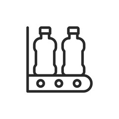 Plastic bottle production, linear style icon. Bottled water manufacturing. Conveyor belt and bottles. Editable stroke width