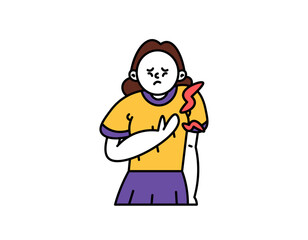 illustration of a woman who feels chest pain. symptoms of heart attack, shortness of breath, muscle injury, breast problems. health. character illustration design. graphic elements. outline style