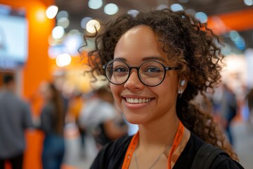 Obraz premium Young Woman with Glasses Smiling in a Vibrant Conference Environment with Orange Background and Bokeh Lights; Cheerful Attendee Enjoying the Eventsmiling woman