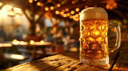 Glass with foamy refreshing beer on the table on bokeh background. Oktoberfest celebration concept