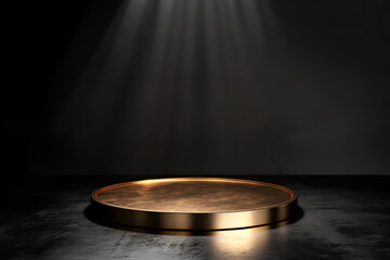 Realistic golden platform, podium or pedestal with spotlights , Round podium or stage in rays of spotlights,  Pedestal for winner or award ceremony, empty platform  , Stage Podium with Lighting
