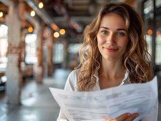 Confident Businesswoman Reviewing Successful Project Plan Business Achievement Concept