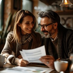 Fototapeta premium Satisfied Couple Review Financial Portfolio with Planner for Confident Future Planning