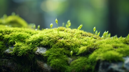 A close-up photo of a vibrant green moss growing on a rock