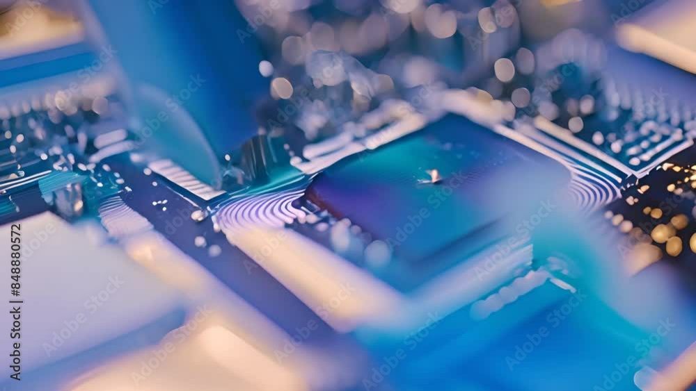 Poster close-up of a computer chip on a circuit board generative ai