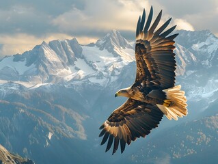 Majestic Eagle Soaring Above Towering Mountains Capturing Its Powerful Flight Across the Skies