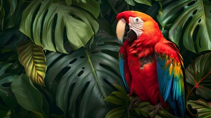Obraz premium Vibrant Parrot Perched on Tropical Branch with Lush Foliage in the Background