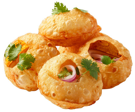 golgappa, Indian street food, filled with savory ingredients and topped with fresh cilantro and onions on isolated white background, transparent background. cut out. PNG