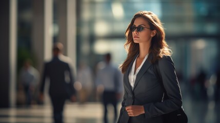 a determined young adult lawyer woman professional in a suit walking purposefully towards her next challenge.