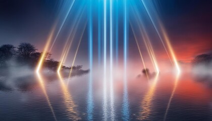 Vertical beams of ethereal blue and orange light pierce through a misty atmosphere over a calm water surface. 